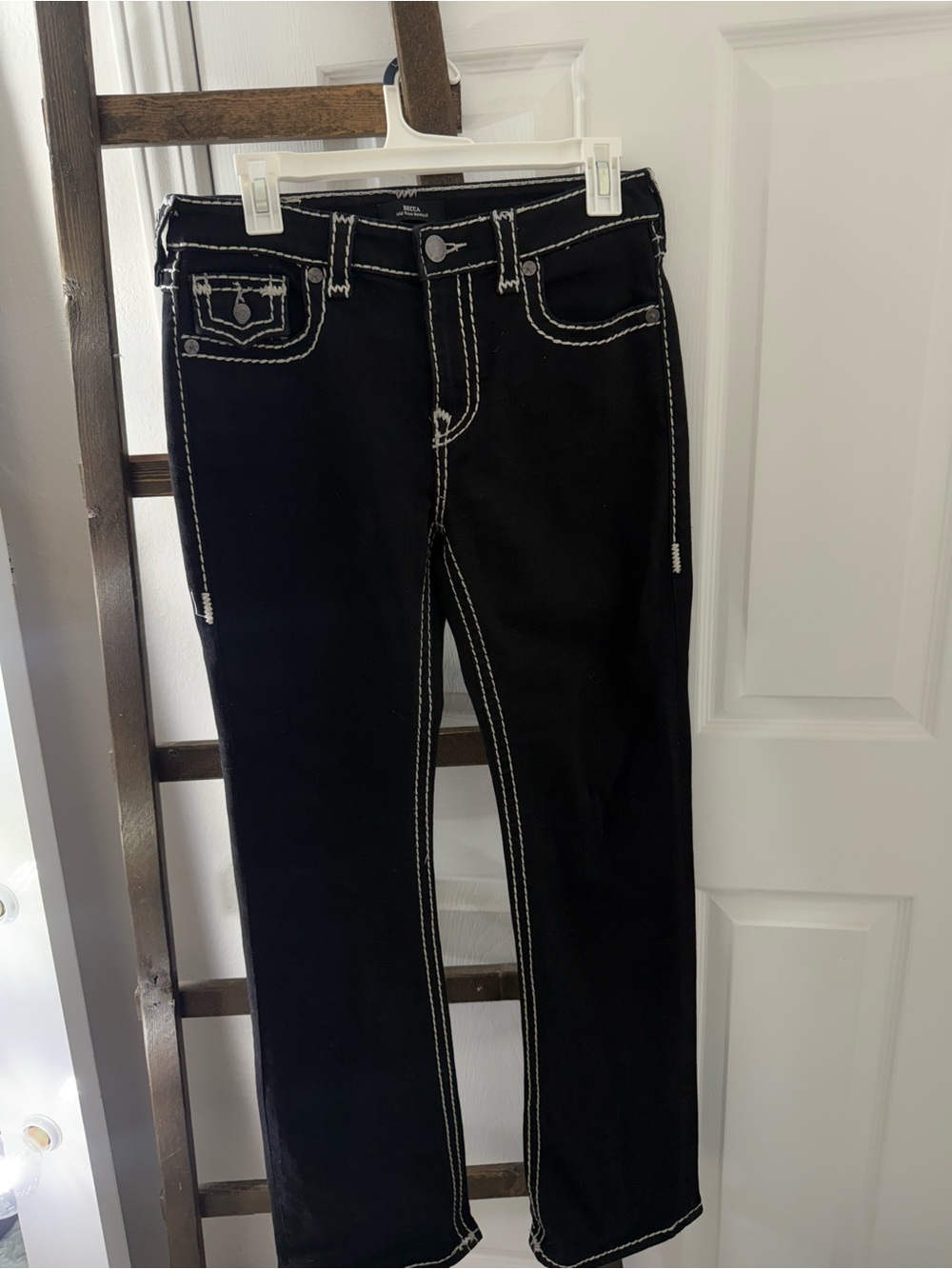 True Religion Black Straight-Leg Jeans with White Contrast Stitching